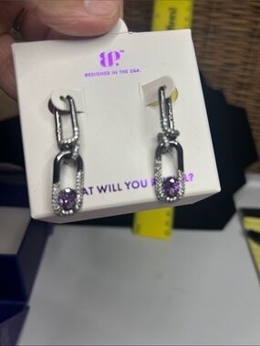 Silver Link Drop Earrings with Purple Accent Gemstone
